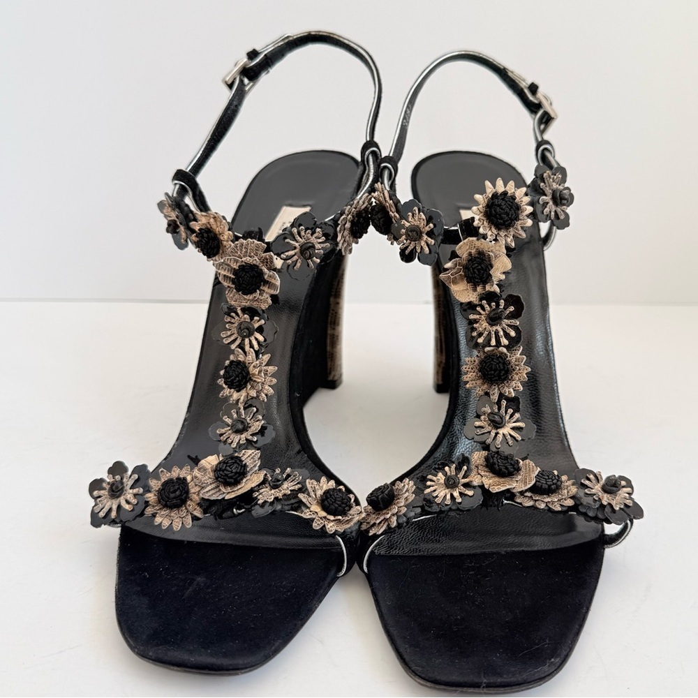 Prada Black Python Snakeskin Suede Floral Appliqué T-Strap Wedge Sandals EU40 - Picture 3 of 10
